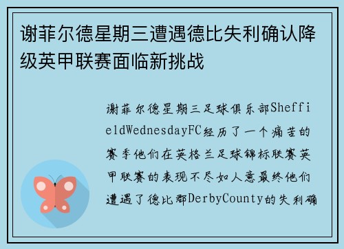 谢菲尔德星期三遭遇德比失利确认降级英甲联赛面临新挑战
