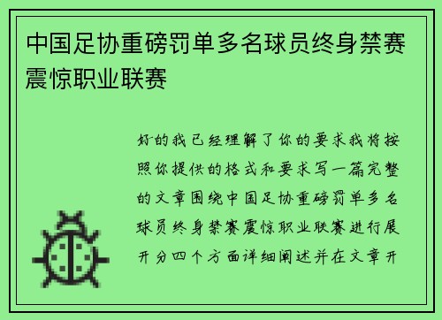 中国足协重磅罚单多名球员终身禁赛震惊职业联赛