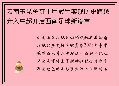 云南玉昆勇夺中甲冠军实现历史跨越升入中超开启西南足球新篇章